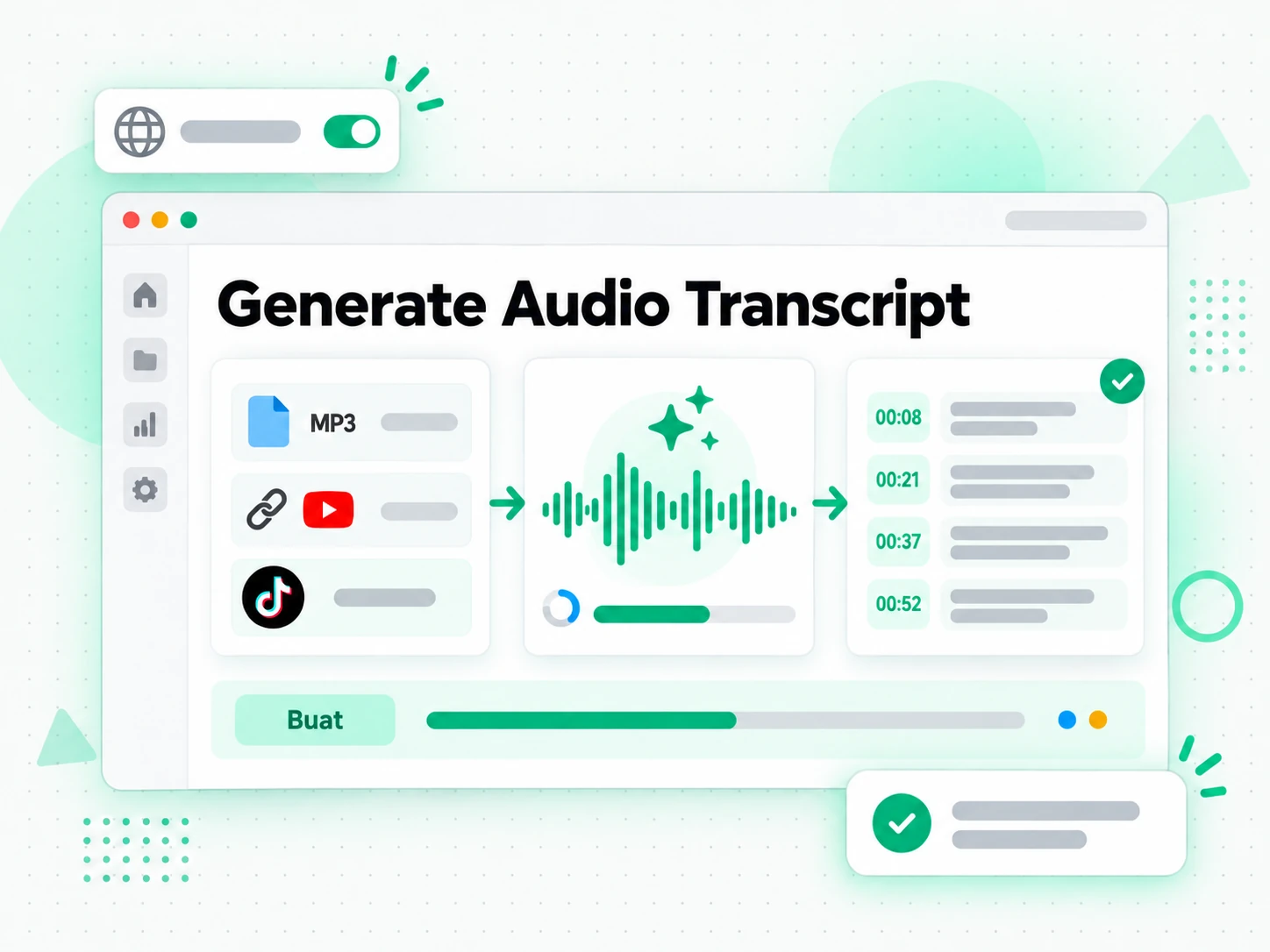 Generate Audio Transcript: mengunggah berkas audio atau menempel tautan ke alat transkripsi audio