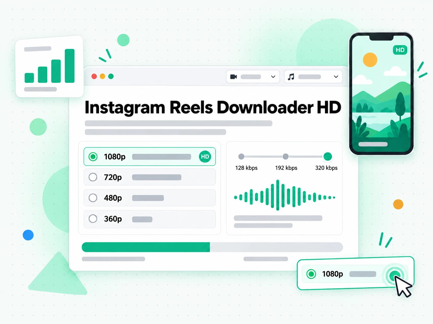Instagram Reels Downloader HD: baris pilihan resolusi MP4 dari 360p sampai 1080p