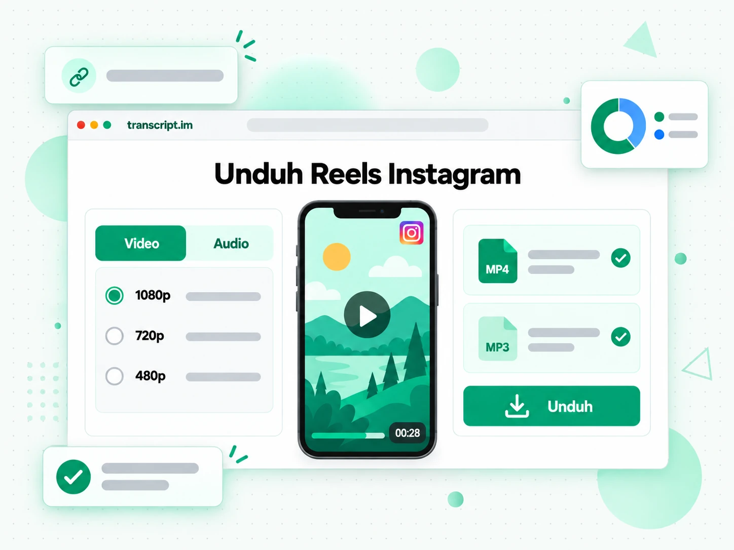 Unduh Reels Instagram: kolom tautan dengan tab format MP3 dan MP4 serta tombol unduh