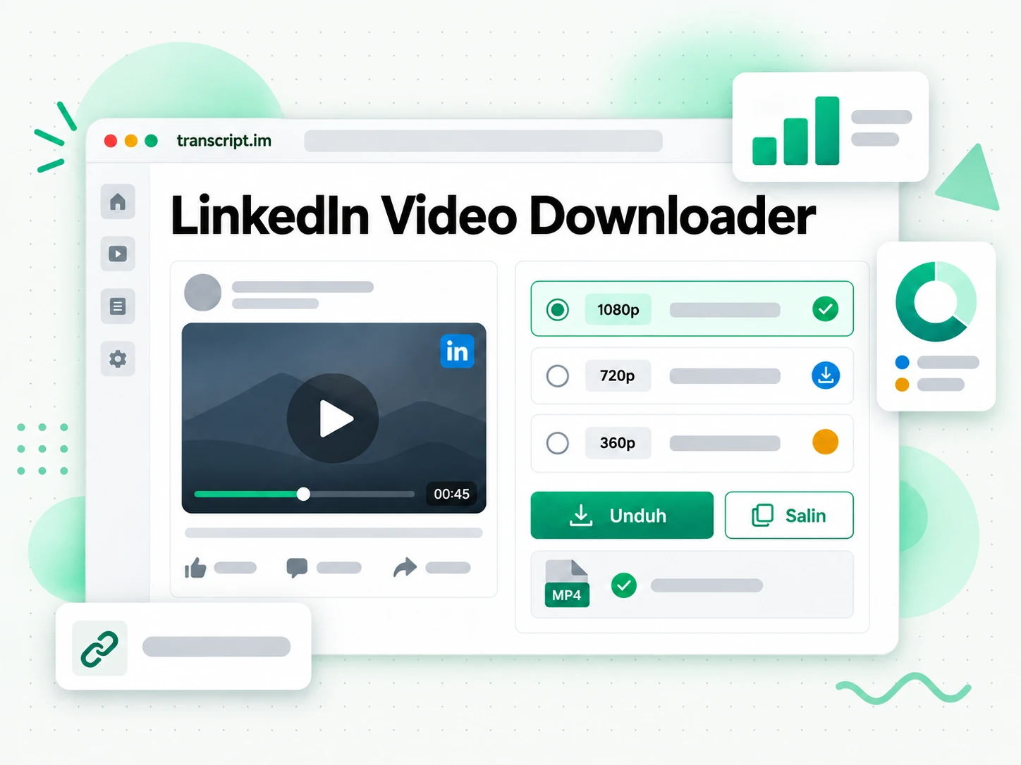 LinkedIn Video Downloader menampilkan URL postingan publik dan dua pilihan kualitas MP4