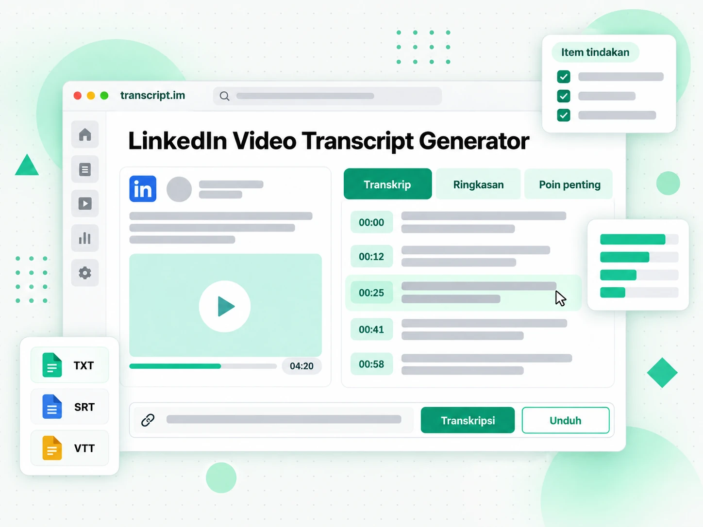 LinkedIn Video Transcript Generator menampilkan URL postingan publik dan transkrip LinkedIn bertimestamp
