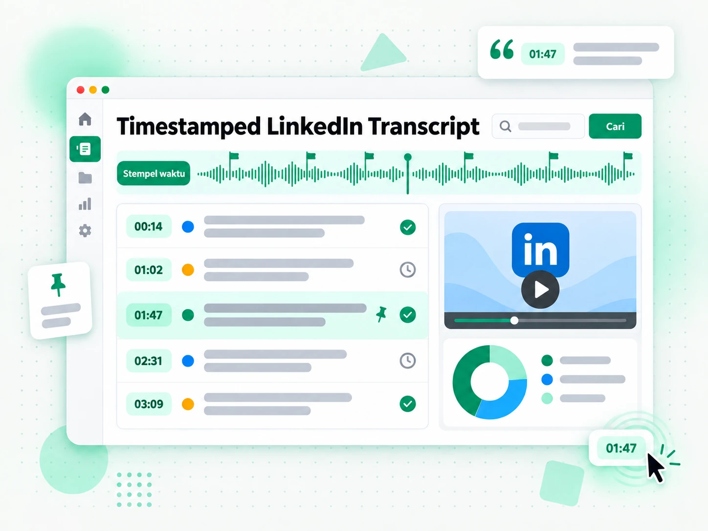 Timestamped LinkedIn Transcript ditinjau analis dari sebuah pengumuman produk