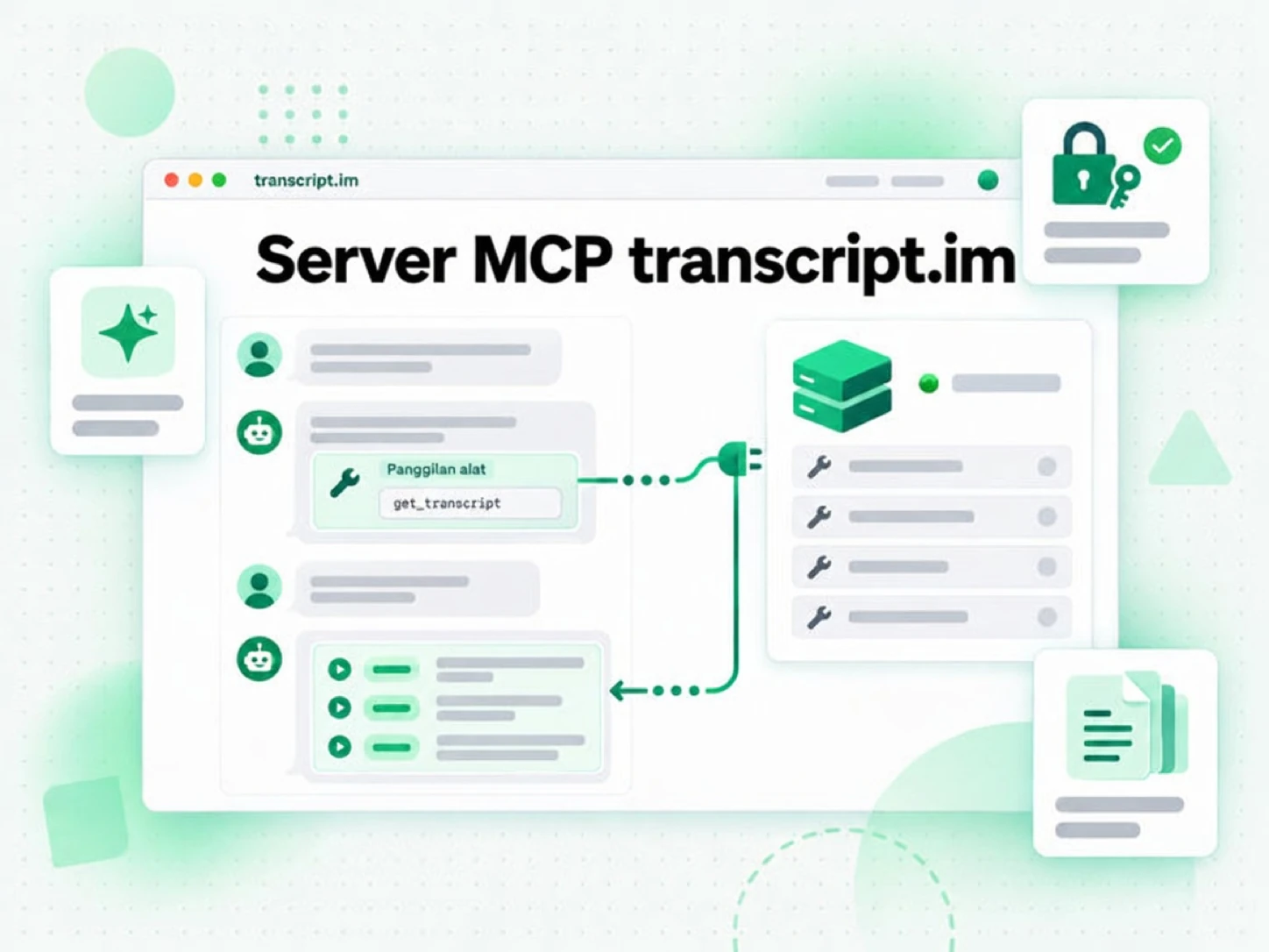 Server MCP transcript.im: klien AI memanggil alat transkrip di server MCP jarak jauh