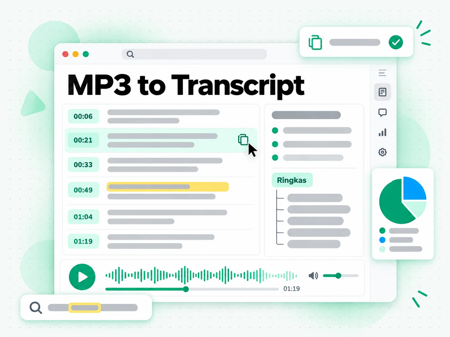 MP3 to Transcript: ringkasan, kerangka, dan mind map dihasilkan dari transkrip MP3
