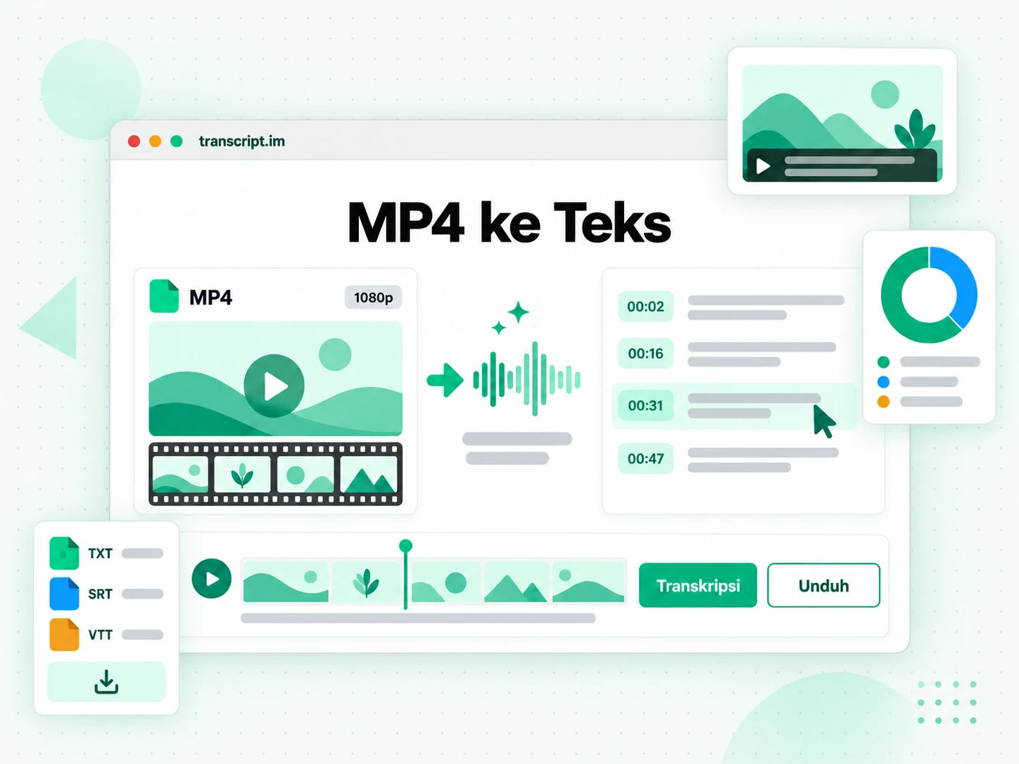 MP4 ke Teks mengubah berkas MP4 yang diunggah menjadi teks bertimestamp yang bisa disunting