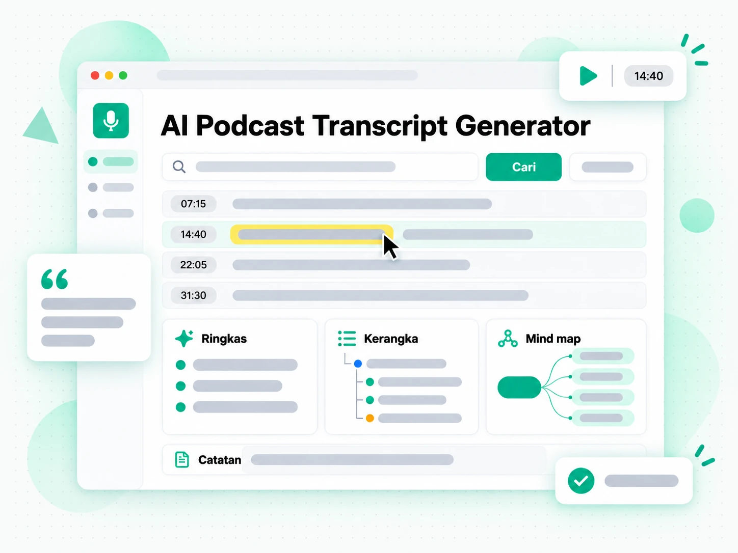 AI Podcast Transcript Generator menghasilkan show notes, kerangka, dan mind map dari transkrip