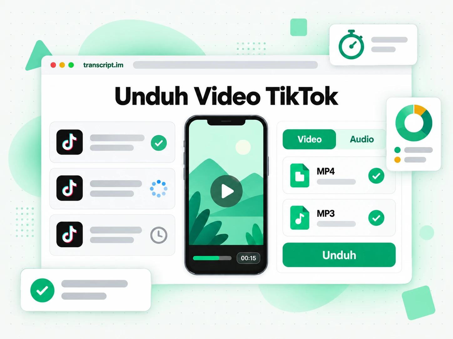Unduh Video TikTok: kolom tautan dengan tab format MP3 dan MP4 serta tombol unduh