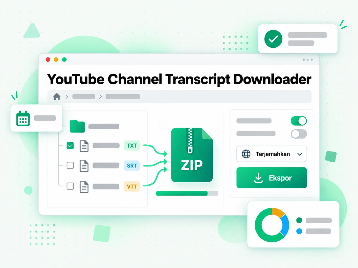 YouTube Channel Transcript Downloader mengekspor arsip transkrip sebagai TXT, SRT, atau VTT