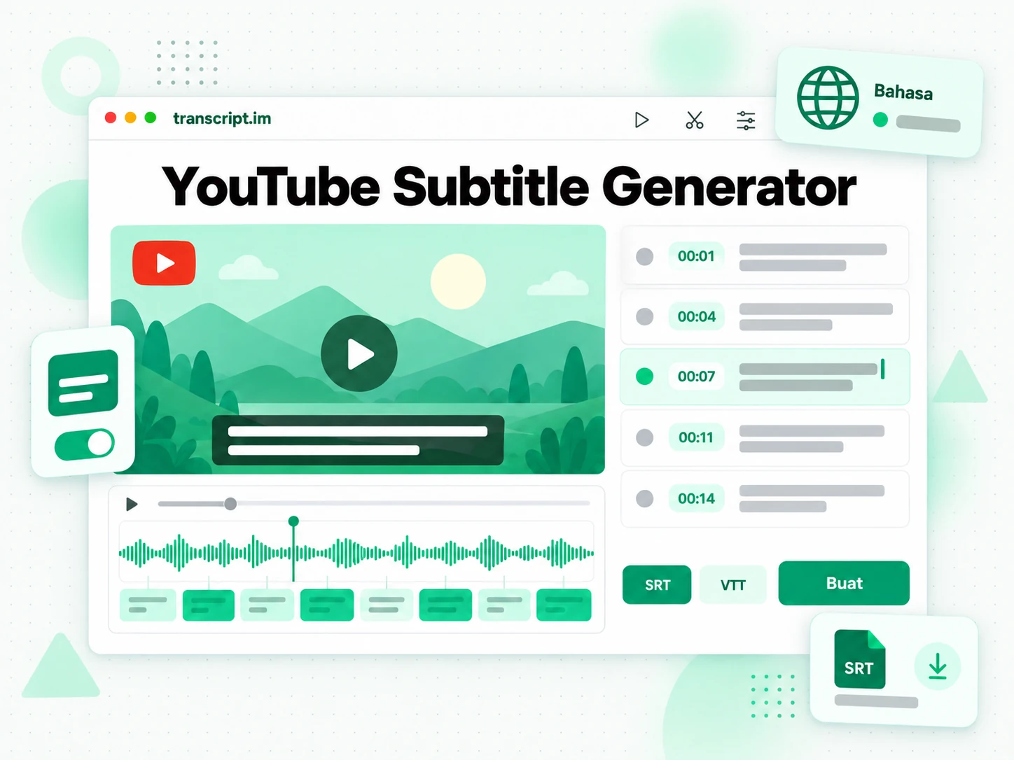 YouTube Subtitle Generator menghasilkan takarir SRT dan VTT dengan waktu dari sebuah video YouTube