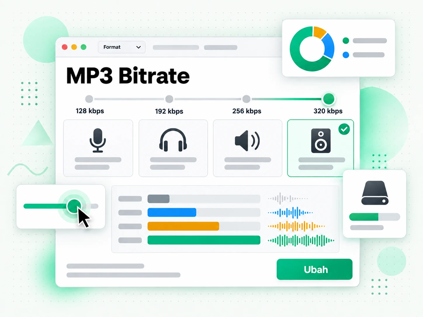 MP3 Bitrate: diagram batang membandingkan kualitas audio MP3 dari 128 sampai 320 kbps