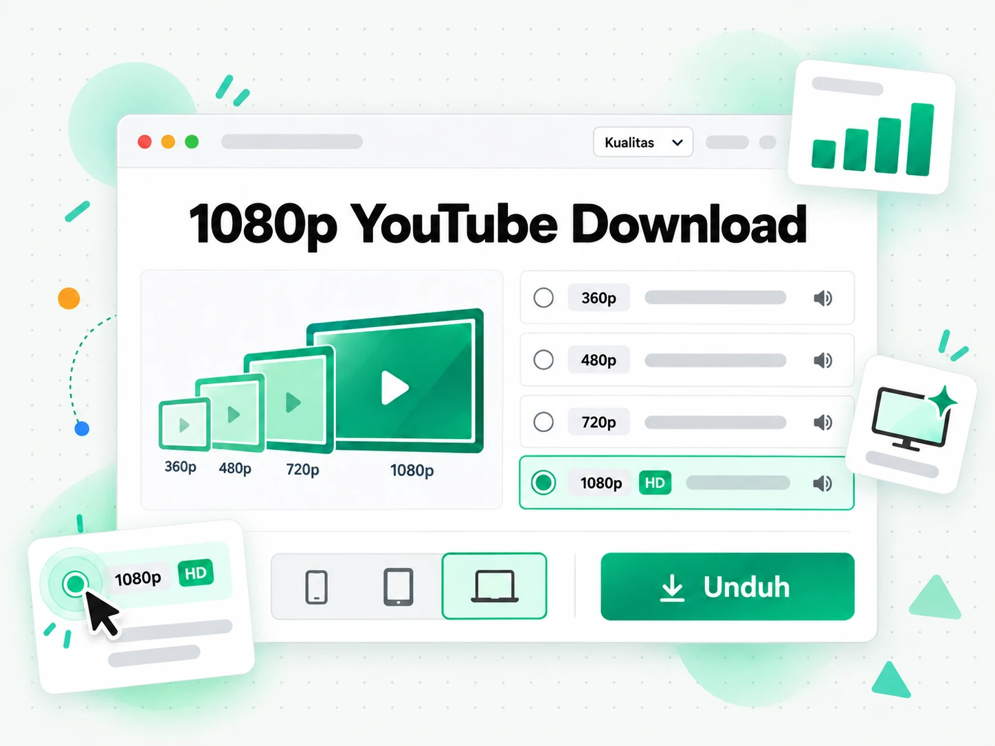 1080p YouTube Download: empat thumbnail video dengan resolusi meningkat dari 360p sampai 1080p