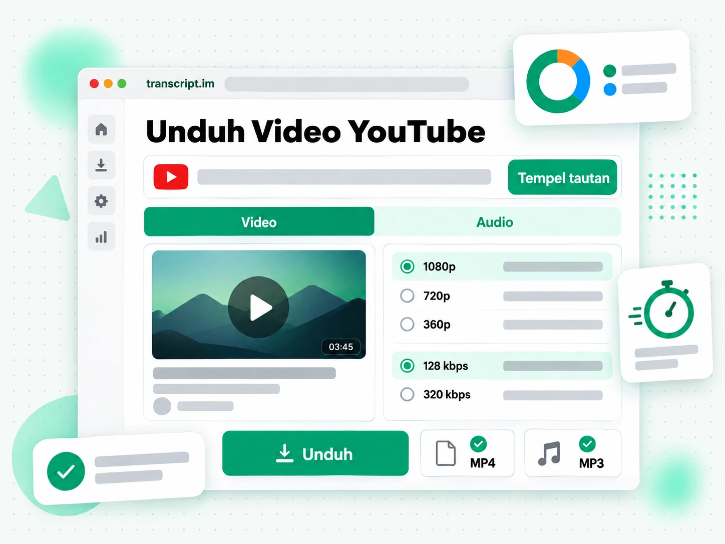Unduh Video YouTube: kolom tautan pengunduh dengan tab format MP3 dan MP4 serta tombol unduh