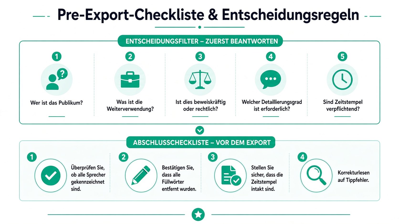 Eine professionelle Infografik mit Entscheidungsregeln vor dem Export und einer abschließenden Qualitätscheckliste für Transkriptions-Workflows.