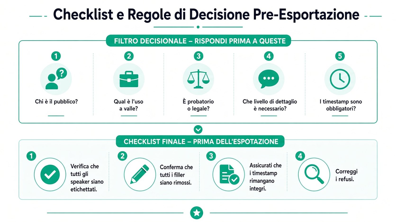 Un'infografica professionale che illustra le regole decisionali pre-esportazione e una checklist finale di qualità per i flussi di lavoro di trascrizione.