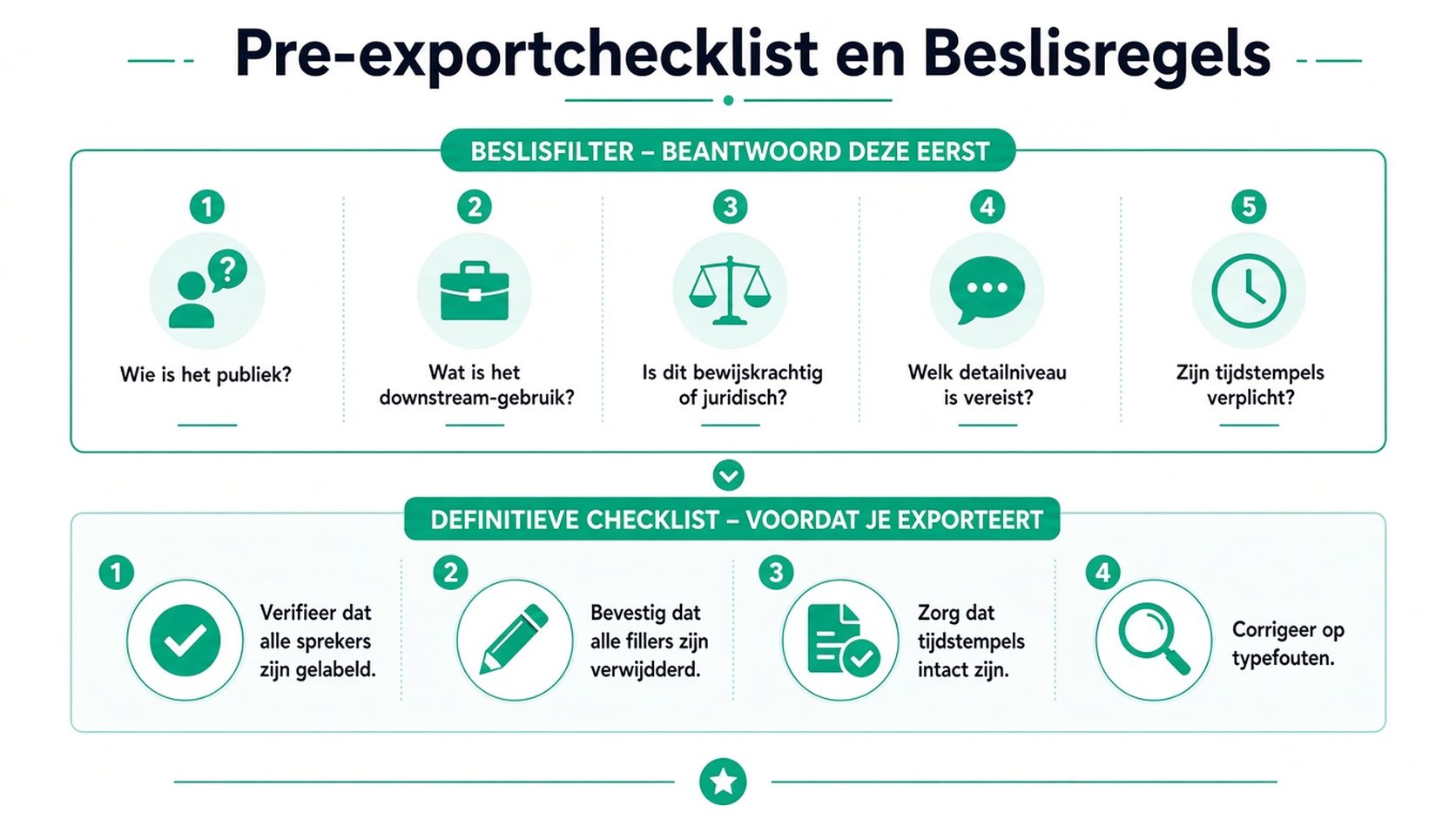 Een professionele infographic met beslissingsregels vóór export en een laatste kwaliteitschecklist voor transcriptieworkflows.