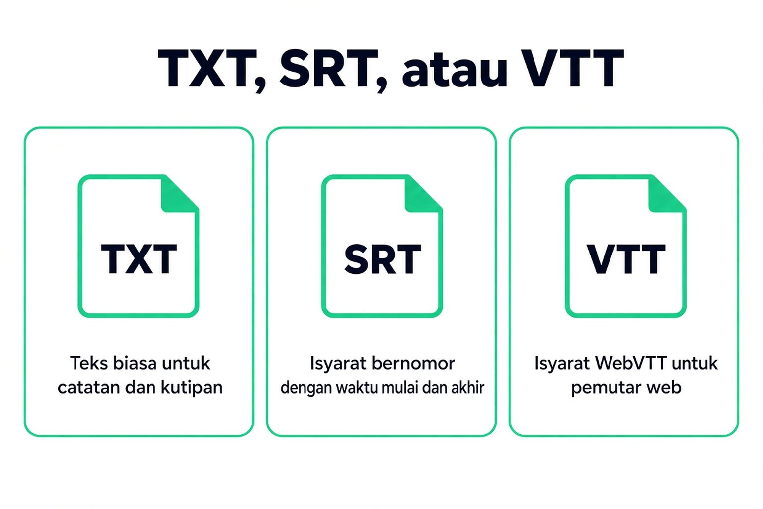 Perbandingan TXT, SRT, dan VTT: teks biasa untuk catatan, isyarat berwaktu bernomor, dan isyarat WebVTT untuk pemutar web