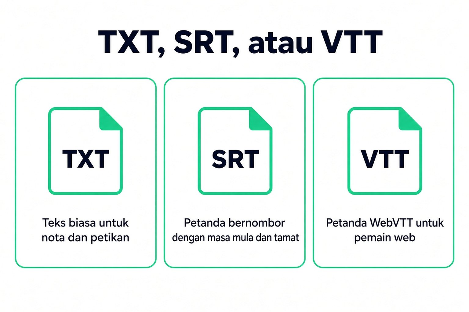 TXT, SRT dan VTT dibandingkan: teks biasa untuk nota, isyarat masa bernombor, dan isyarat WebVTT untuk pemain web