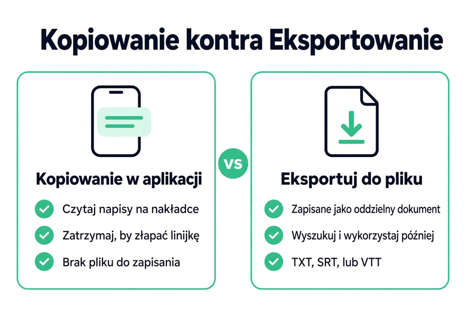 Porównanie kopiowania napisów w aplikacji TikTok i eksportowania transkrypcji jako pliku