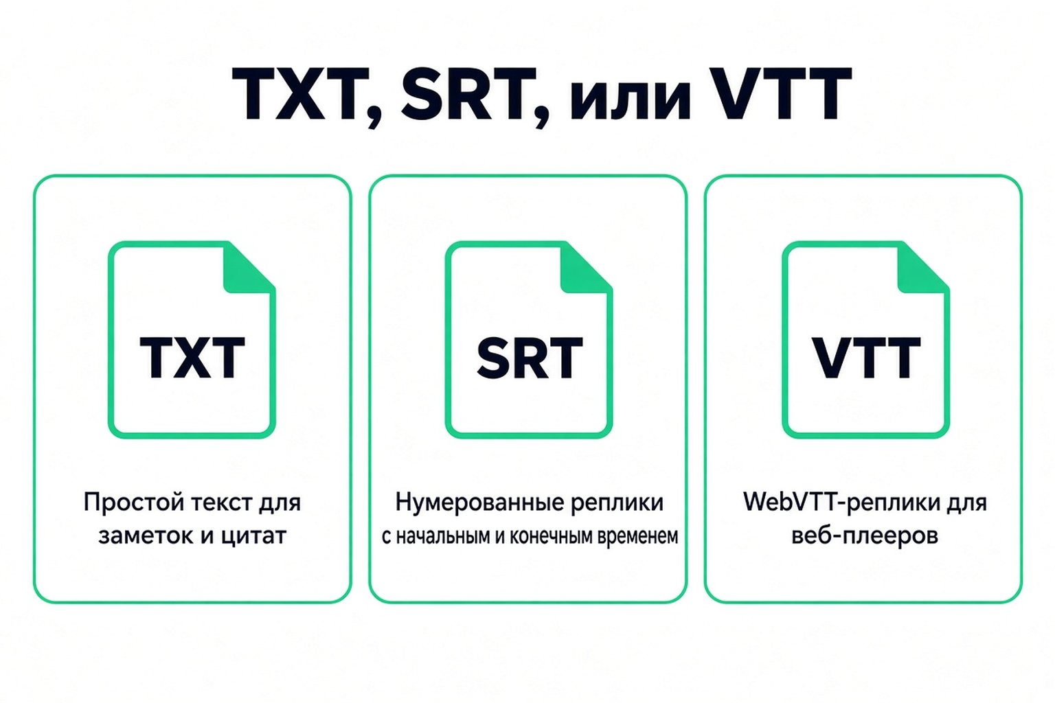 Сравнение TXT, SRT и VTT: простой текст для заметок, нумерованные реплики с таймингом и реплики WebVTT для веб-плееров