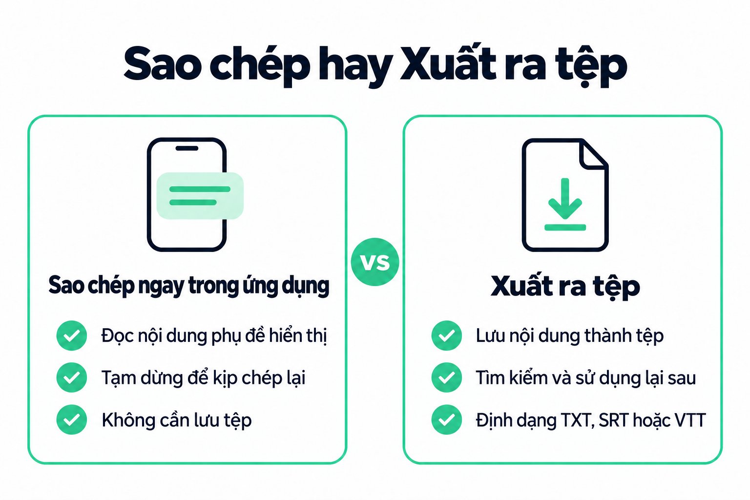 So sánh giữa sao chép phụ đề trong ứng dụng TikTok và xuất bản chép lời thành tệp