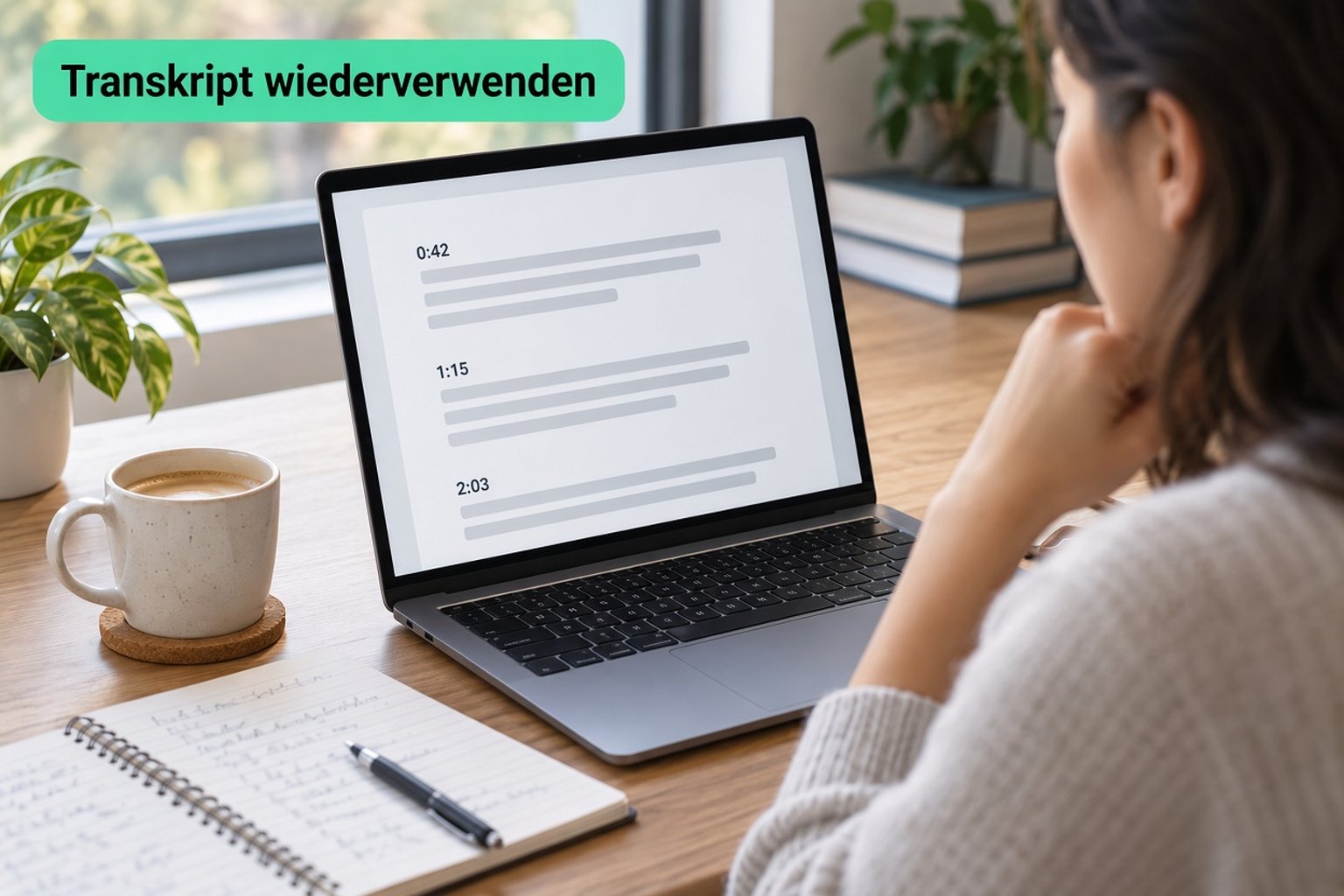 Eine Person, die ein heruntergeladenes YouTube-Transkript mit Zeitstempeln auf einem Laptop neben einem Notizbuch durchgeht