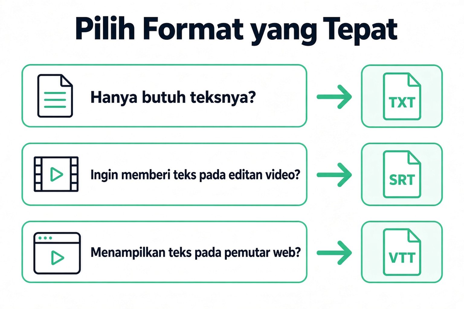 Memilih format transkrip: TXT untuk kata-katanya saja, SRT untuk penyuntingan video, VTT untuk pemutar web