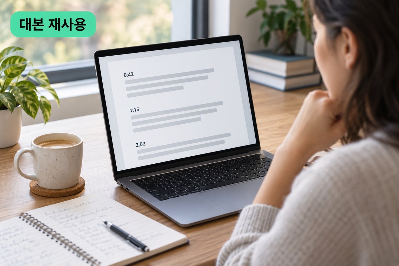 노트북 옆에 노트를 두고 타임스탬프가 있는 다운로드한 YouTube 스크립트를 검토하는 사람