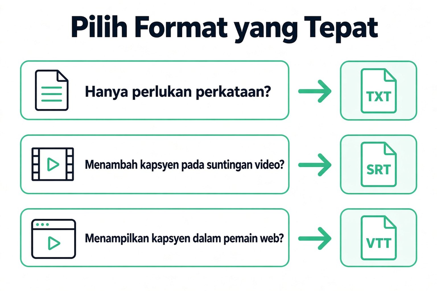 Memilih format transkrip: TXT untuk perkataan sahaja, SRT untuk suntingan video, VTT untuk pemain web