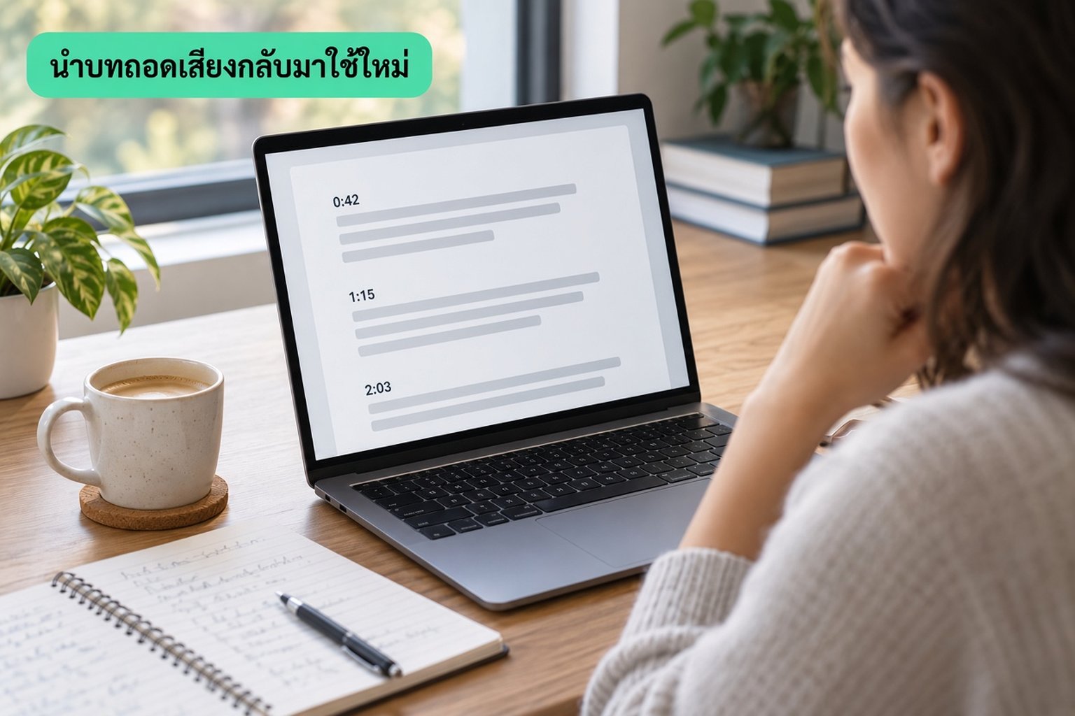 คนกำลังตรวจดูข้อความถอดความ YouTube ที่ดาวน์โหลดมา พร้อมเวลากำกับ บนแล็ปท็อปข้างสมุดบันทึก