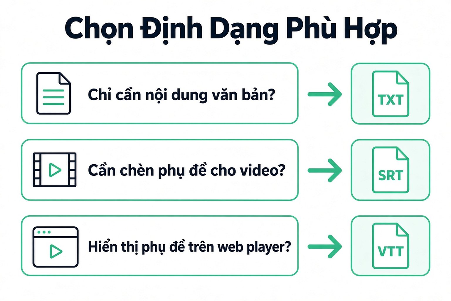 Chọn định dạng bản chép lời: TXT cho phần lời, SRT cho dựng video, VTT cho trình phát web