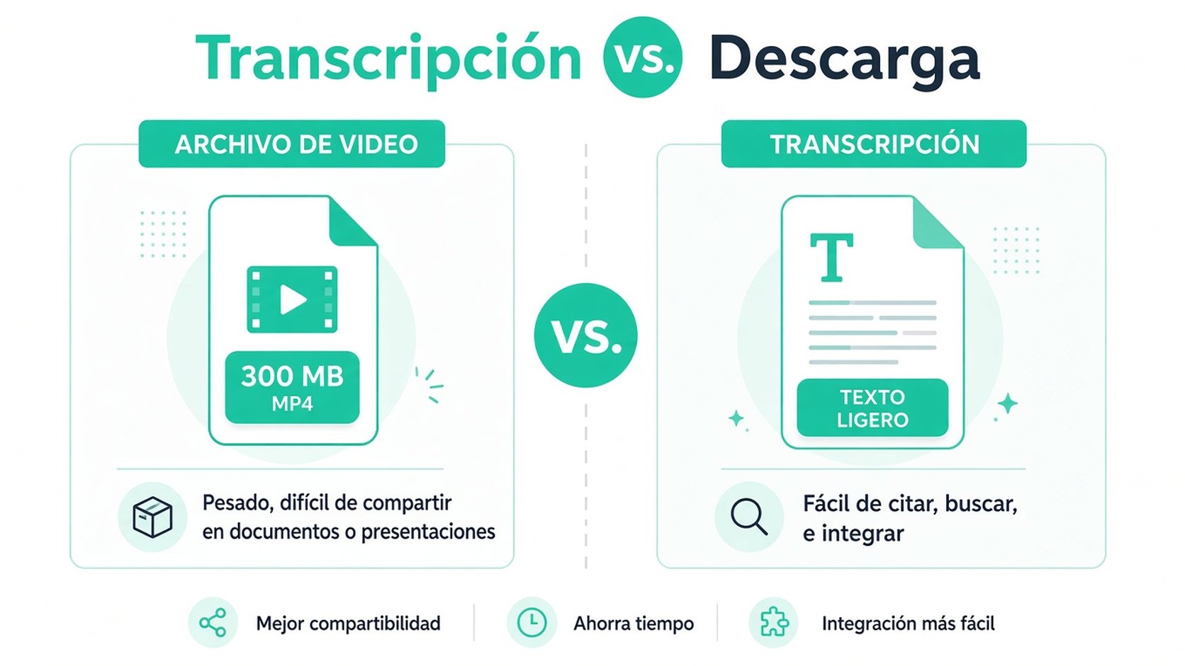 Una infografía que compara los archivos de video con las transcripciones de texto y destaca los beneficios de usar transcripciones para la accesibilidad.