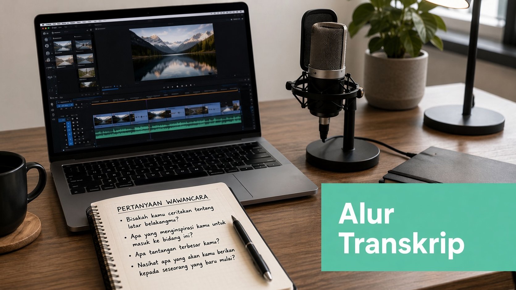 Pengaturan meja profesional dengan laptop berisi perangkat lunak penyuntingan video, mikrofon, dan pertanyaan wawancara tulisan tangan.