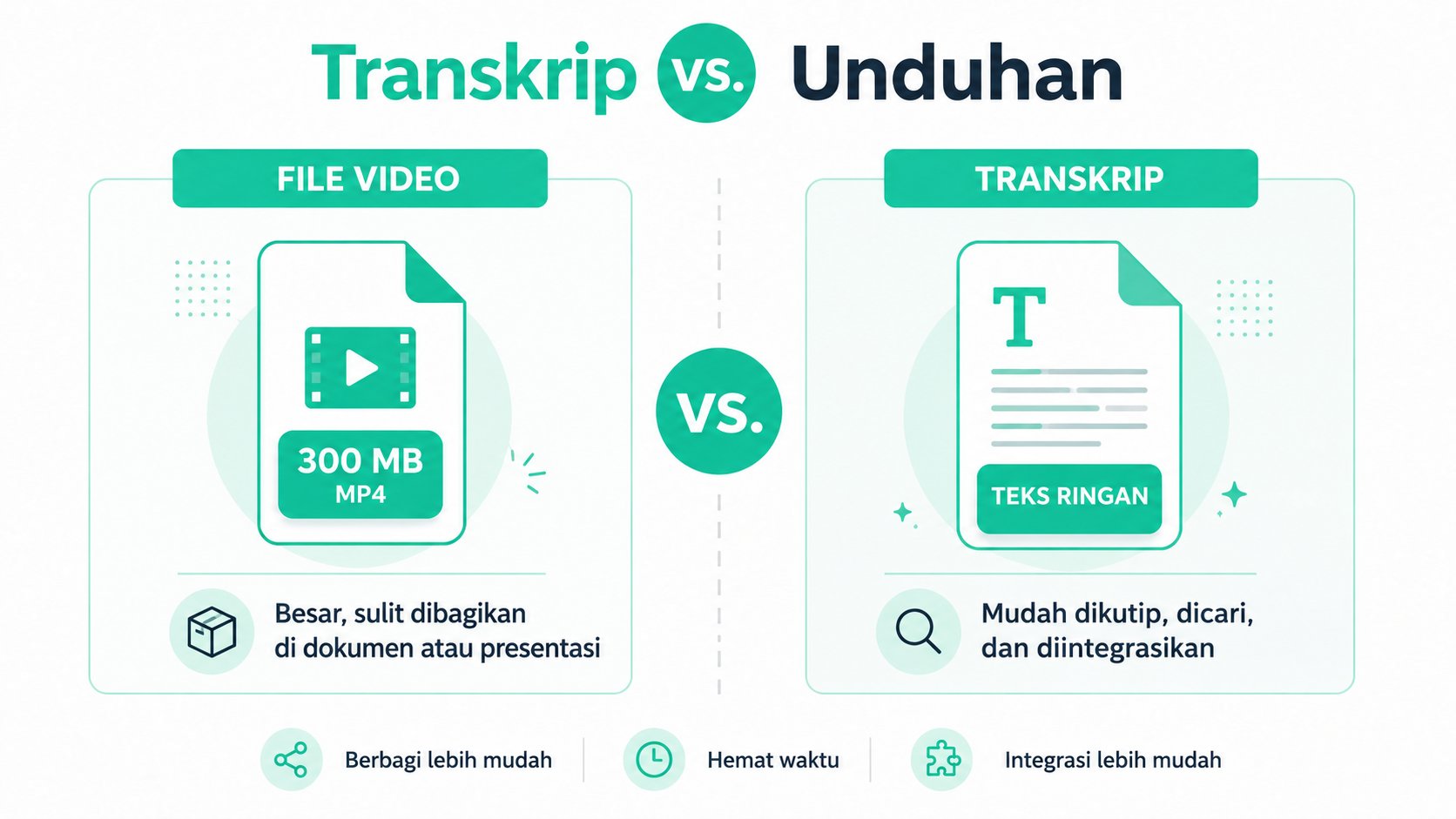 Infografis yang membandingkan berkas video dengan transkrip teks, menyoroti manfaat penggunaan transkrip untuk aksesibilitas.