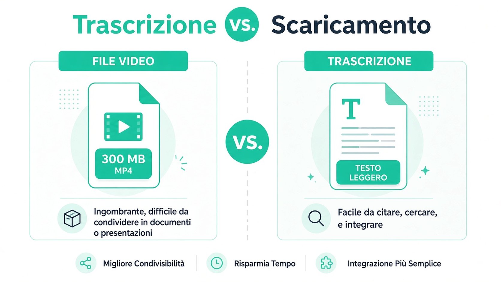 Un’infografica che confronta i file video con le trascrizioni testuali, evidenziando i vantaggi dell’uso delle trascrizioni per l’accessibilità.