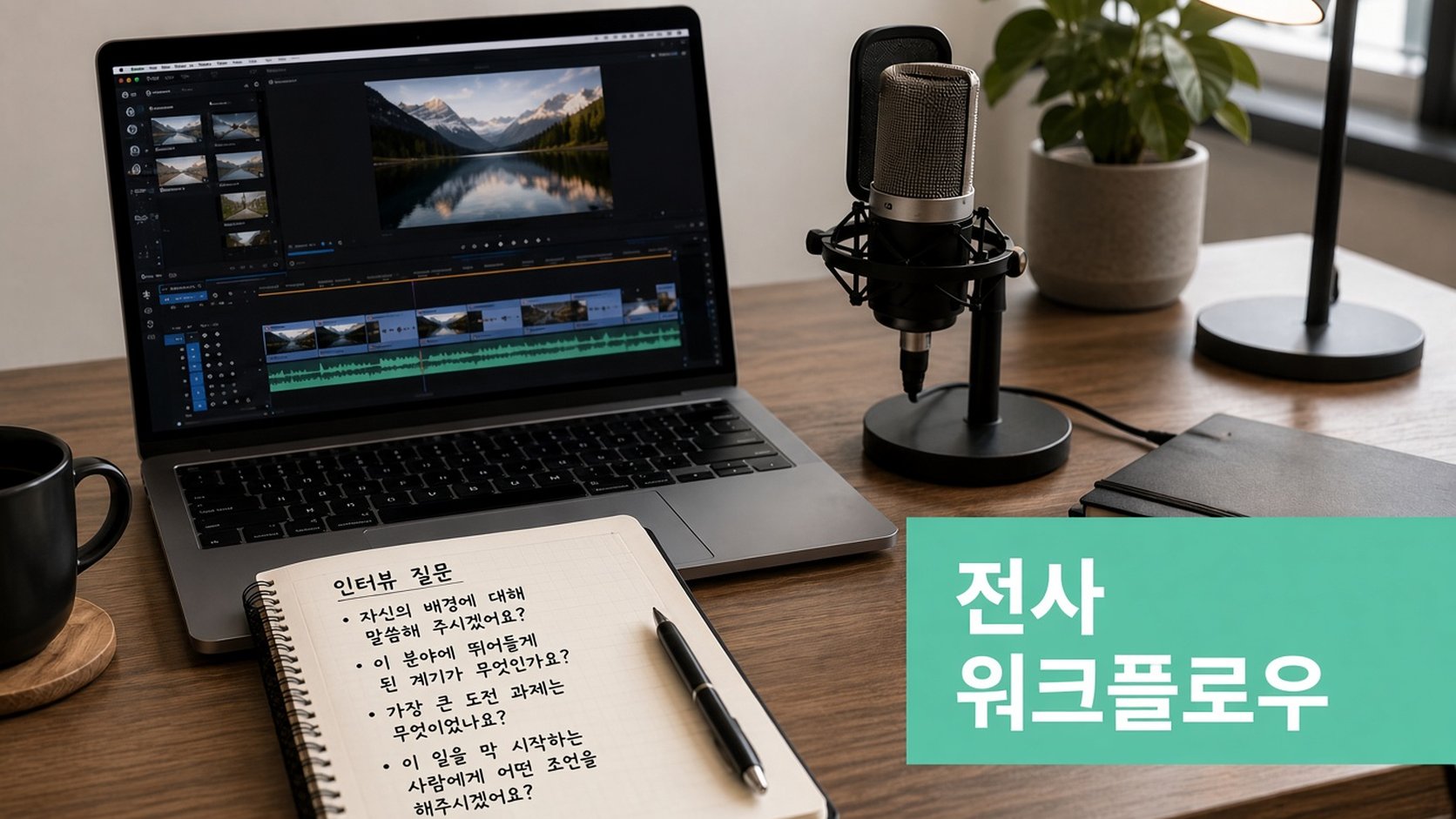 비디오 편집 소프트웨어가 실행 중인 노트북, 마이크, 손으로 쓴 인터뷰 질문이 놓인 전문적인 책상 구성.