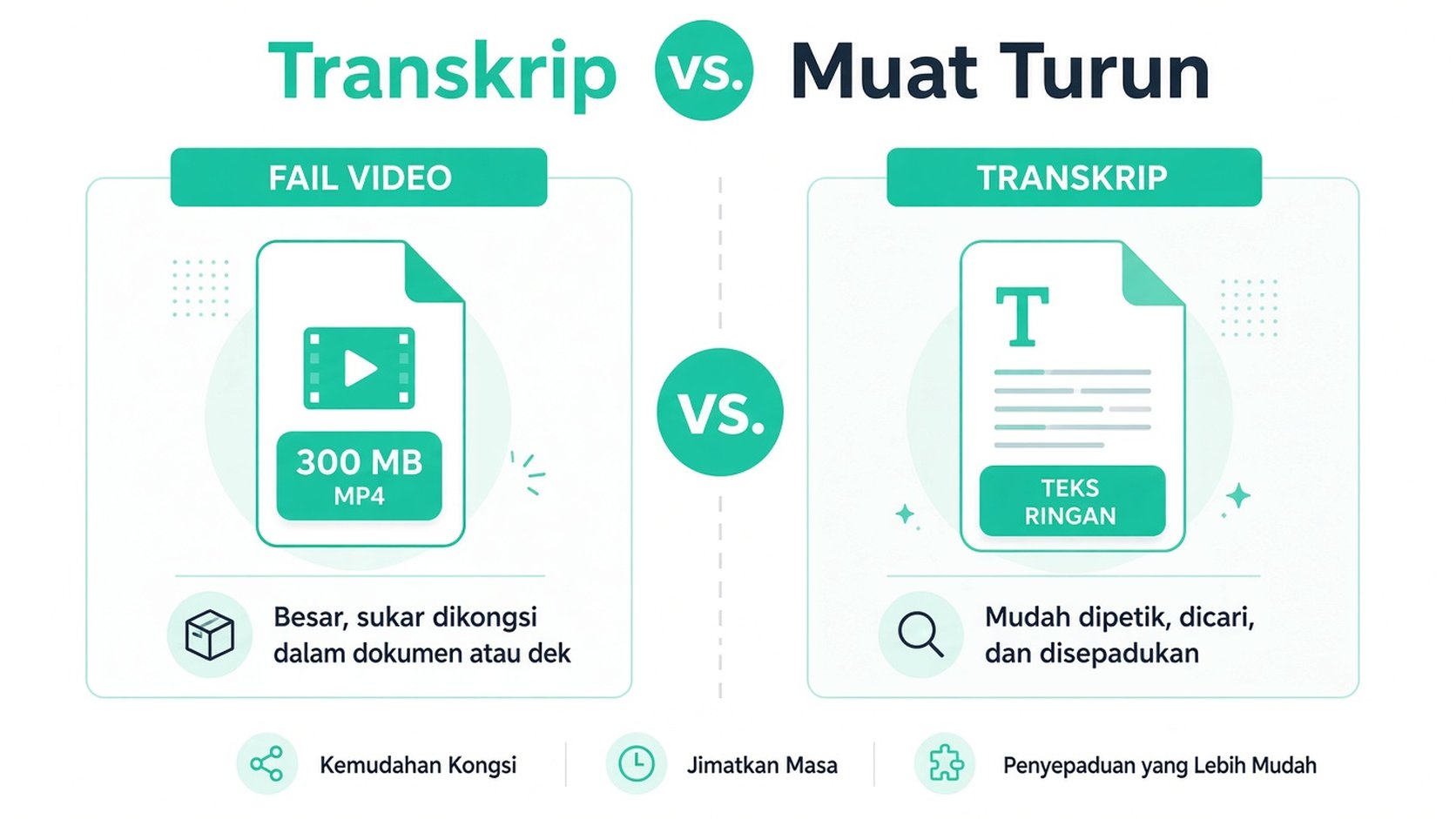 Infografik yang membandingkan fail video dengan transkrip teks, menekankan faedah menggunakan transkrip untuk kebolehcapaian.