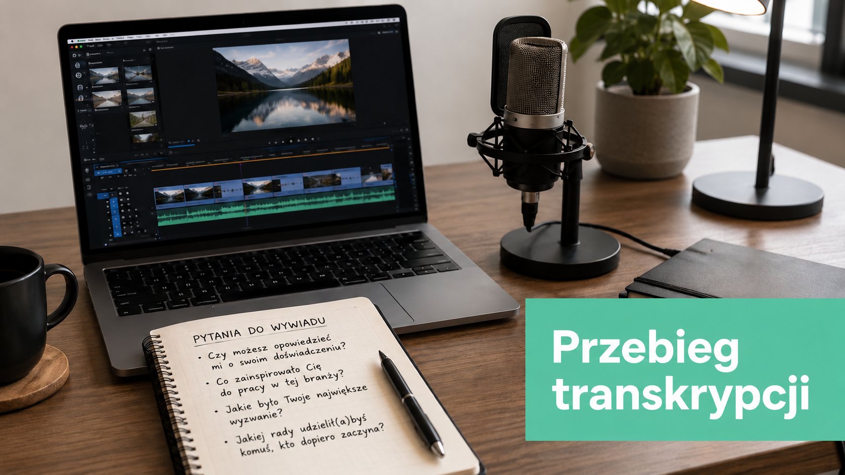 Profesjonalne biurko z laptopem z oprogramowaniem do edycji wideo, mikrofonem i odręcznie zapisanymi pytaniami do wywiadu.
