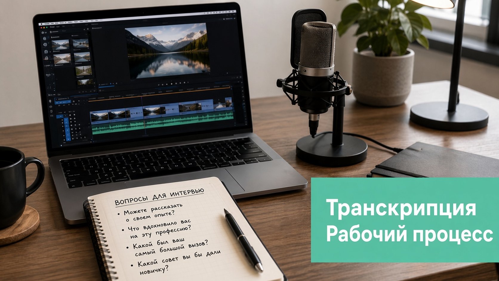 Профессиональное рабочее место: ноутбук с программой для видеомонтажа, микрофон и вопросы для интервью, написанные от руки.