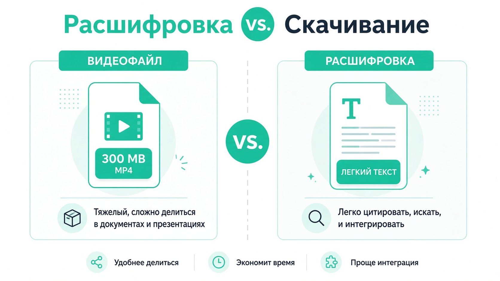 Инфографика, сравнивающая видеофайлы с текстовыми расшифровками и подчёркивающая преимущества расшифровок для доступности.