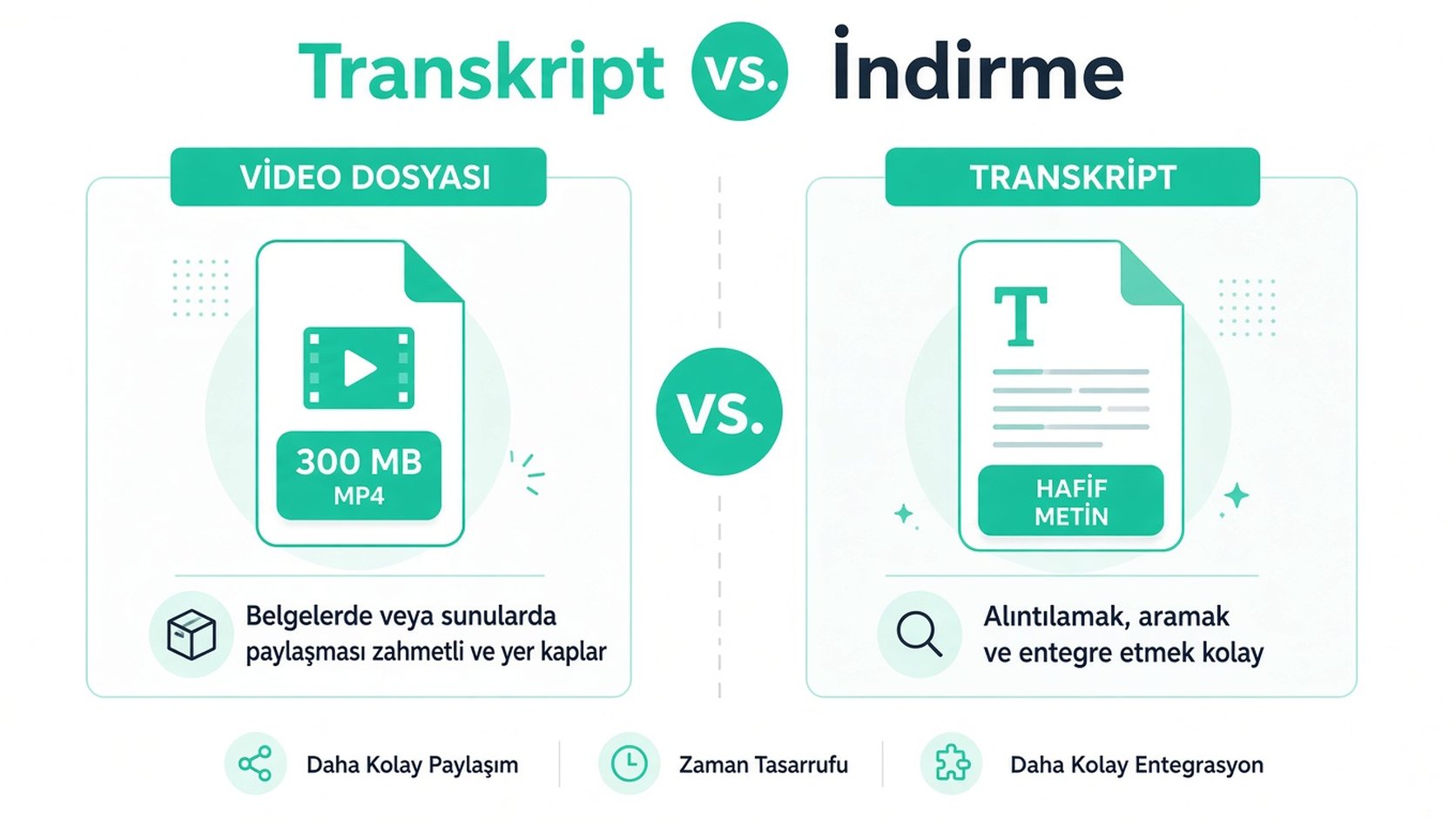 Video dosyalarını metin transkriptleriyle karşılaştıran ve erişilebilirlik için transkript kullanmanın faydalarını vurgulayan bir infografik.