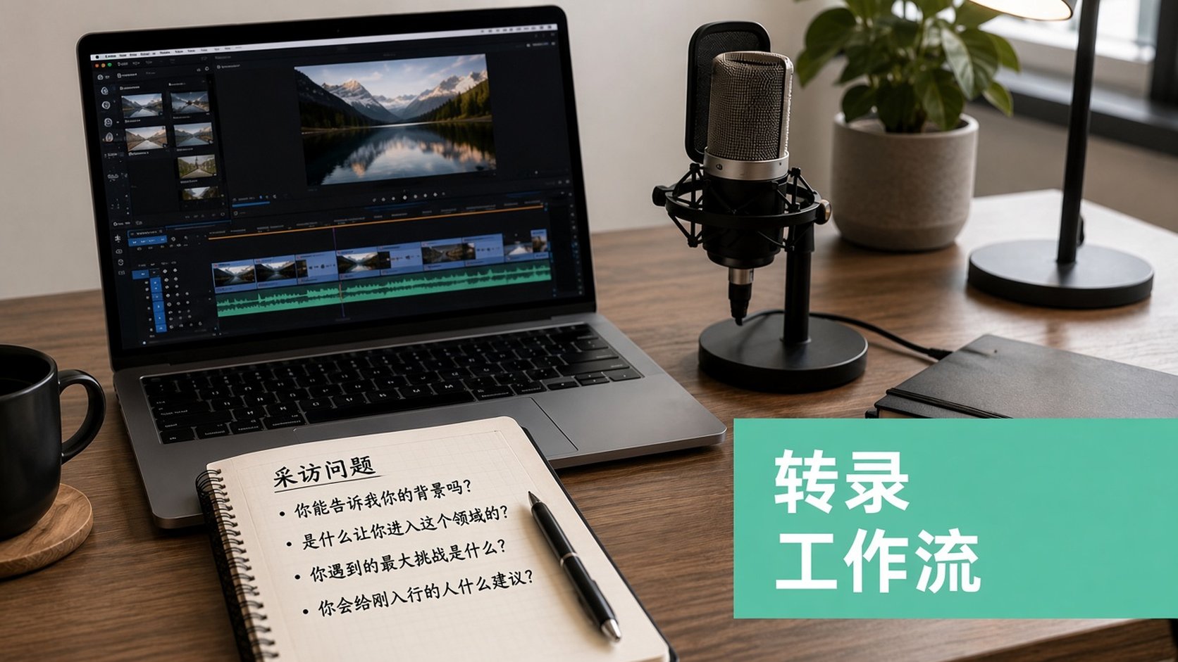 专业的办公桌布置,包括一台运行视频编辑软件的笔记本电脑、一支麦克风,以及手写的访谈问题。