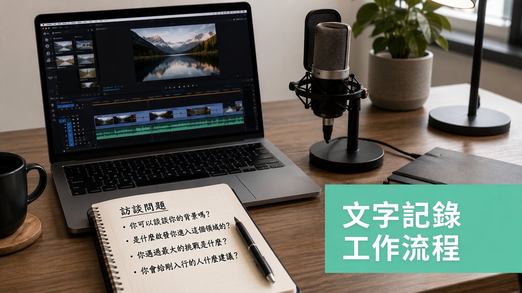 專業的桌面配置,包含一台執行影片編輯軟體的筆記型電腦、一支麥克風,以及手寫的訪談問題。