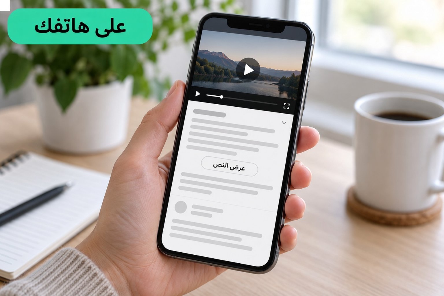 هاتف يعرض فيديو على YouTube مع الوصف الموسّع وزر Show transcript