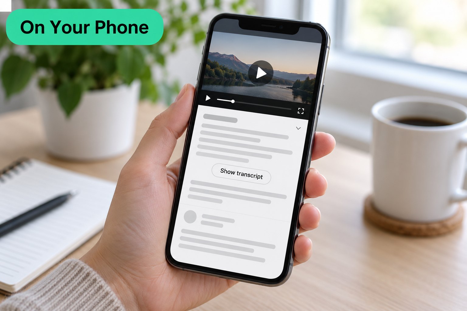 A phone showing a YouTube video with the expanded description and the Show transcript button