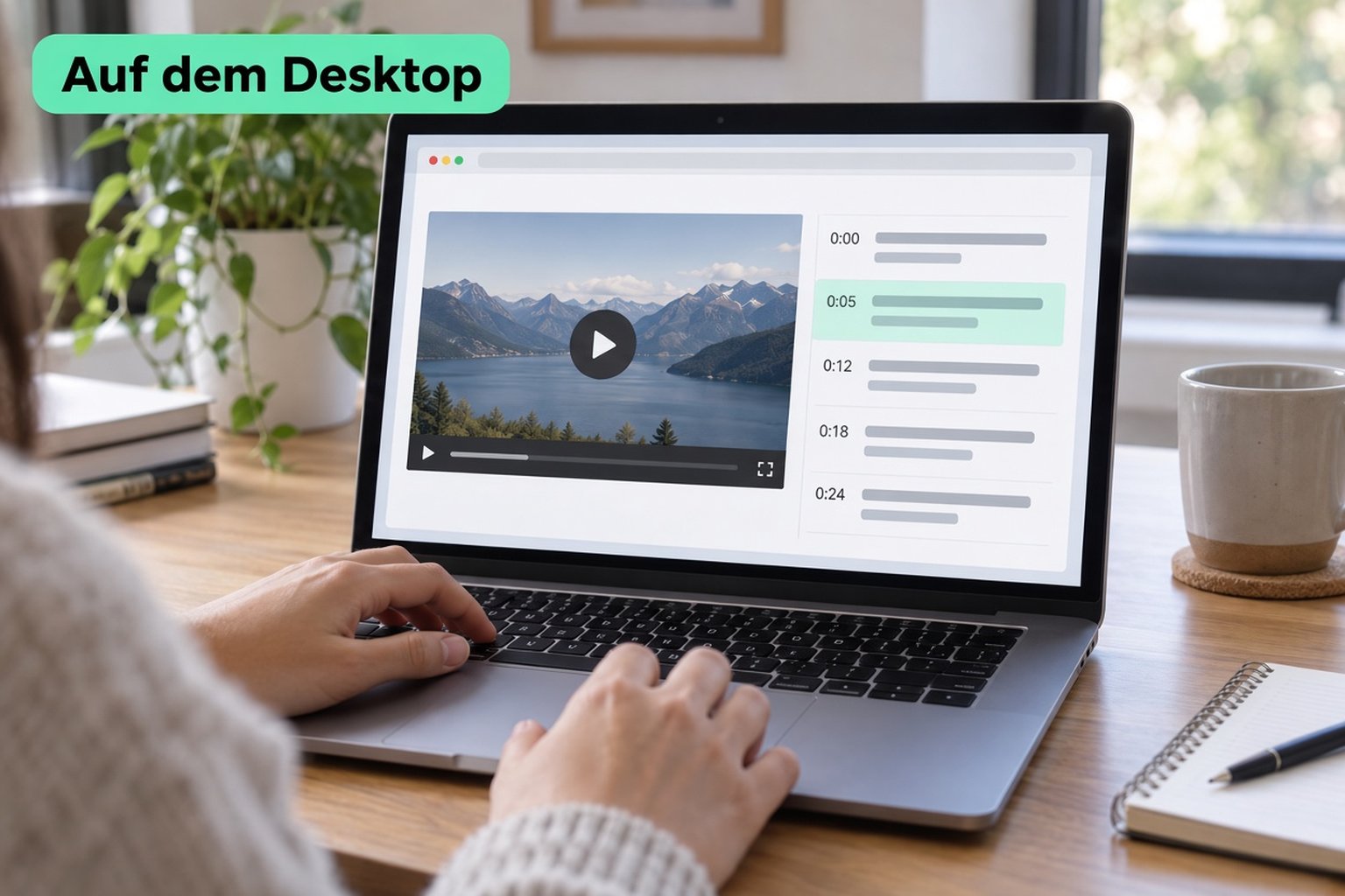 Ein Laptop mit einem YouTube-Video neben einem Transkript-Bereich mit Zeilen und Zeitstempeln