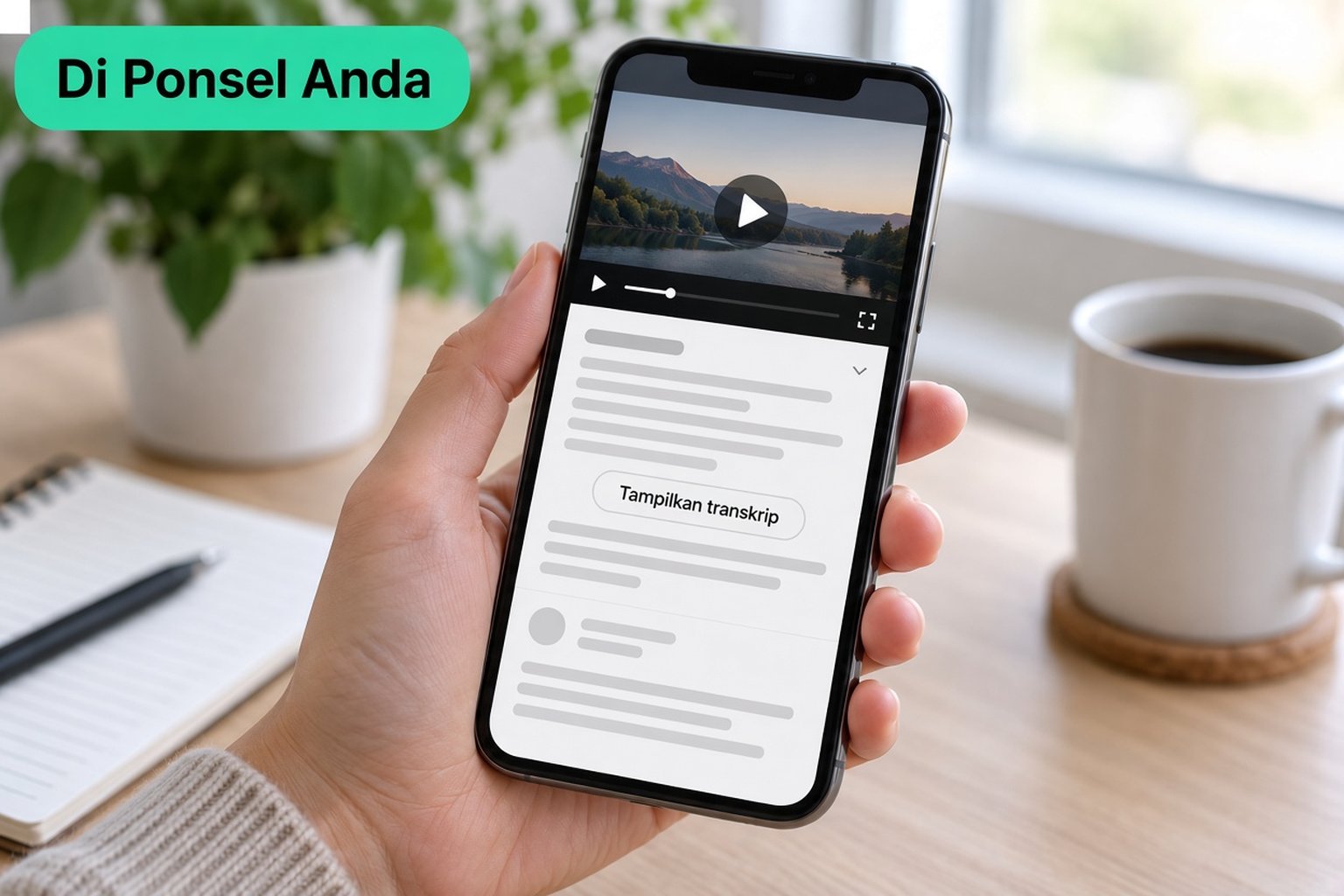 Ponsel yang menampilkan video YouTube dengan deskripsi yang diperluas dan tombol Show transcript