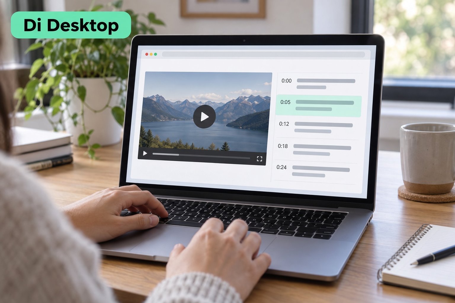 Laptop yang menampilkan video YouTube di samping panel transkrip dengan baris berstempel waktu