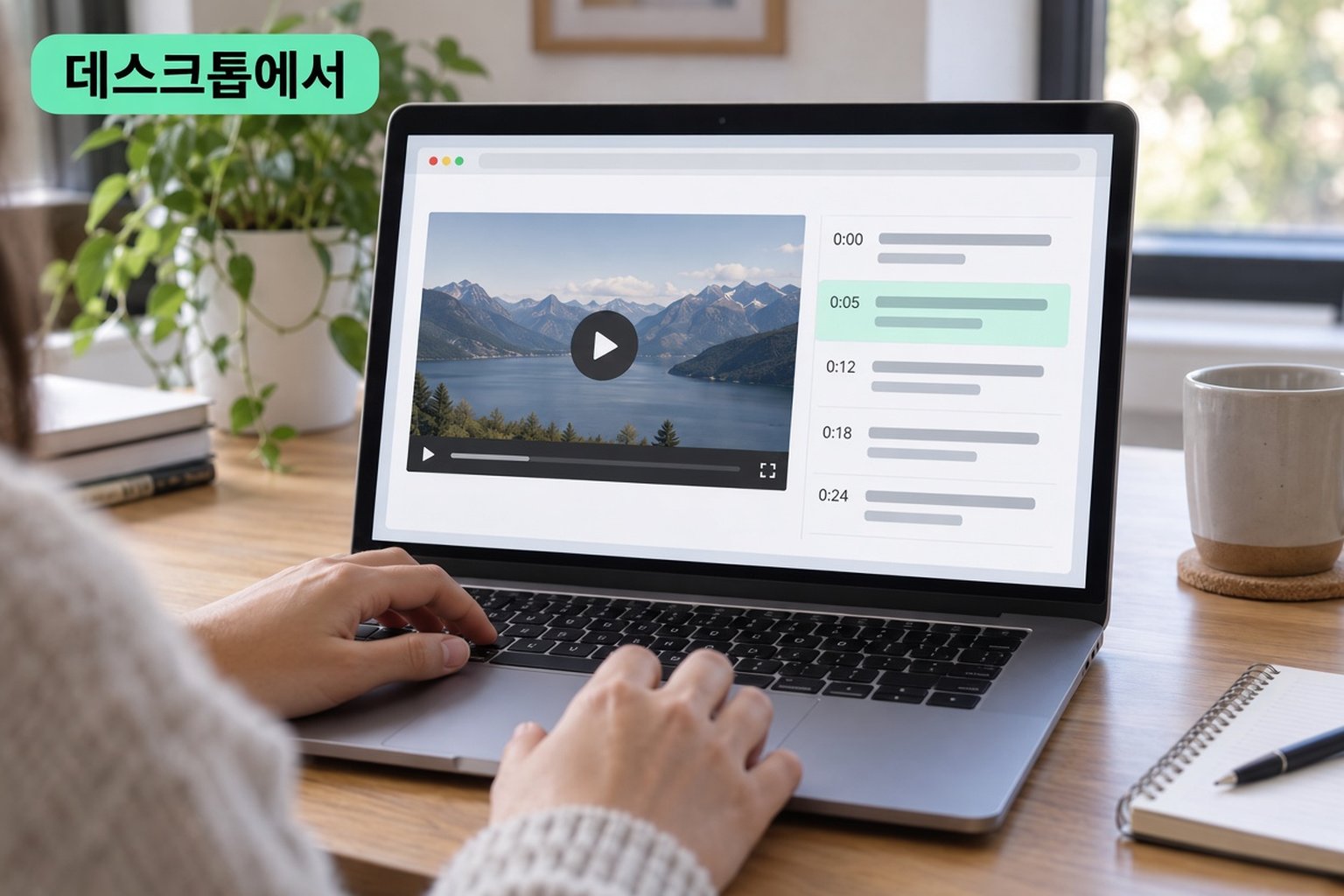 타임스탬프가 있는 줄이 담긴 스크립트 패널 옆에 YouTube 동영상을 띄운 노트북