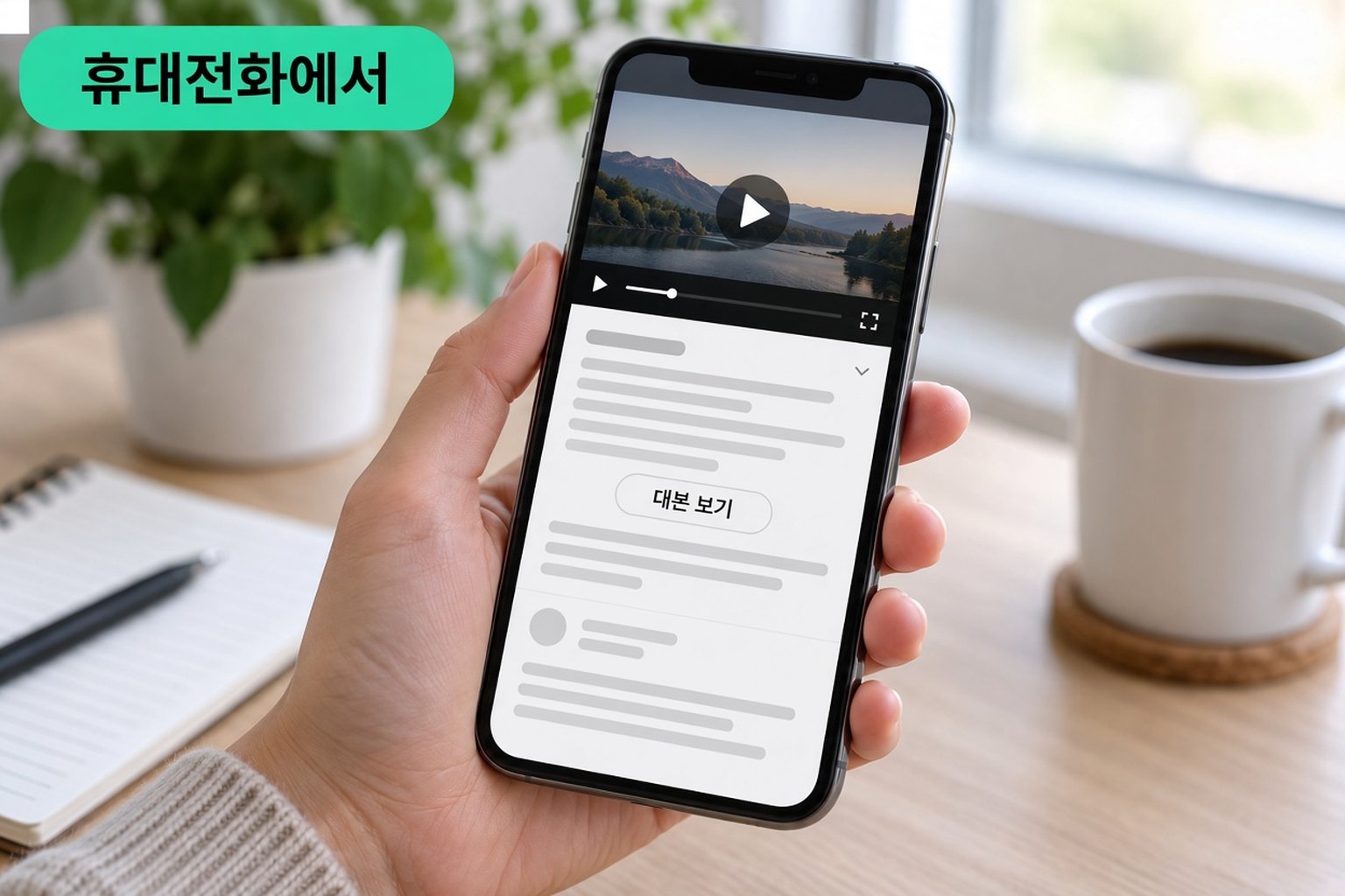 펼친 설명란과 스크립트 표시 버튼이 있는 YouTube 동영상을 보여 주는 휴대폰