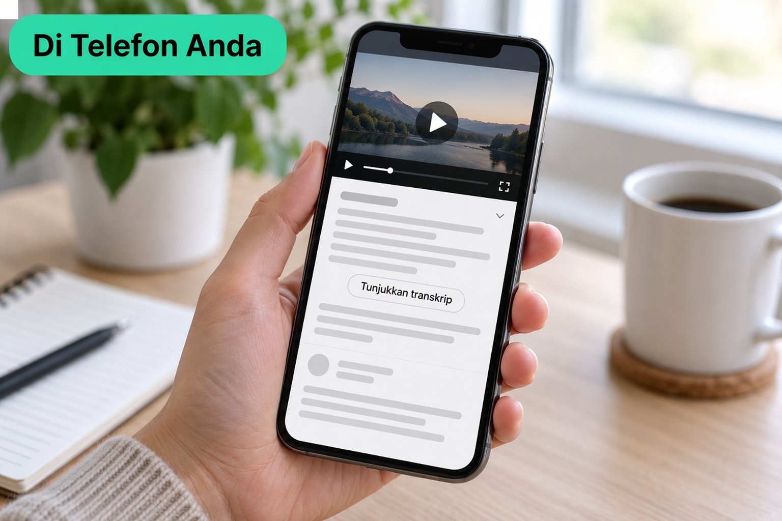 Telefon yang memaparkan video YouTube dengan penerangan yang dikembangkan dan butang Show transcript